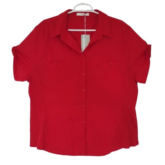 Red Button-Up Short Sleeve Blouse Women's Size 22 Woven 100% Cotton, NWT - Picture 1 of 9